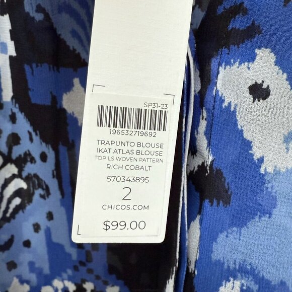 CHICO'S Trapunto Blouse Size 12 / L (Chicos 2) Blue Black Ikat Flowy Chiffon NWT - Picture 6 of 14
